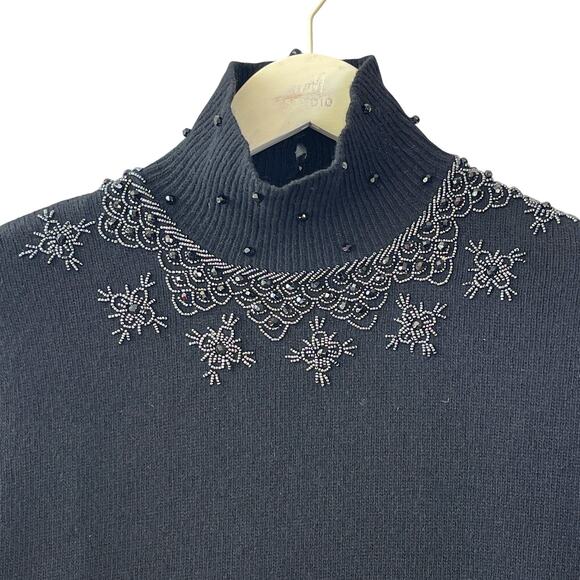 VINTAGE 80s Jet Beaded Turtleneck Sweater Size S/M - Picture 2 of 6